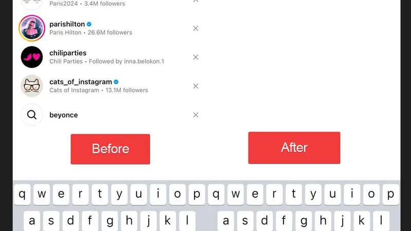 screen comparison showing the Instagram search bar with suggestions