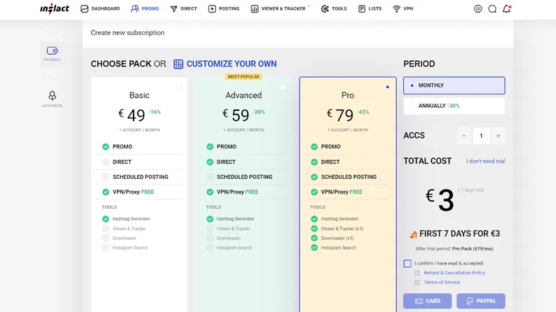 how much Inflact costs during signup - step-by-step guide by Peekviewer