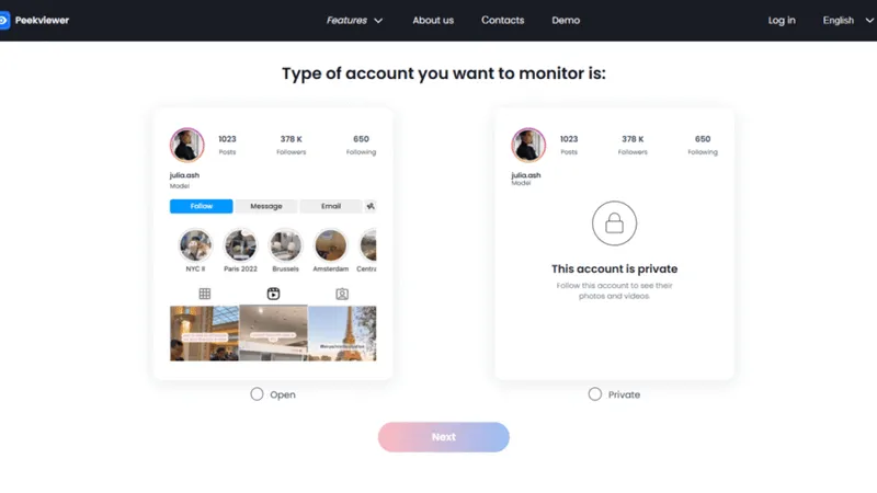Using Peekviewer to save private Instagram stories – choose the option to monitor a public or private account