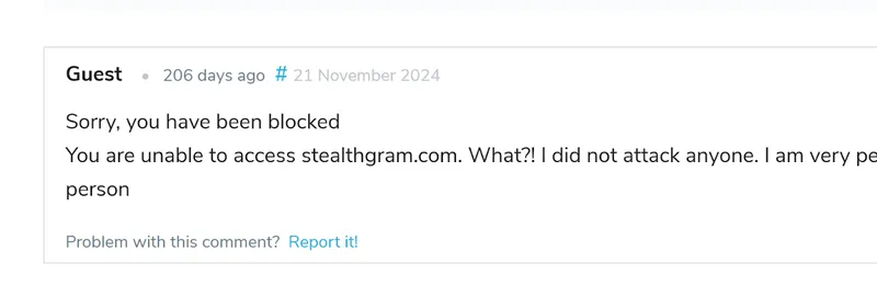Screenshot showing user trying to use StealthGram— warning about being blocked