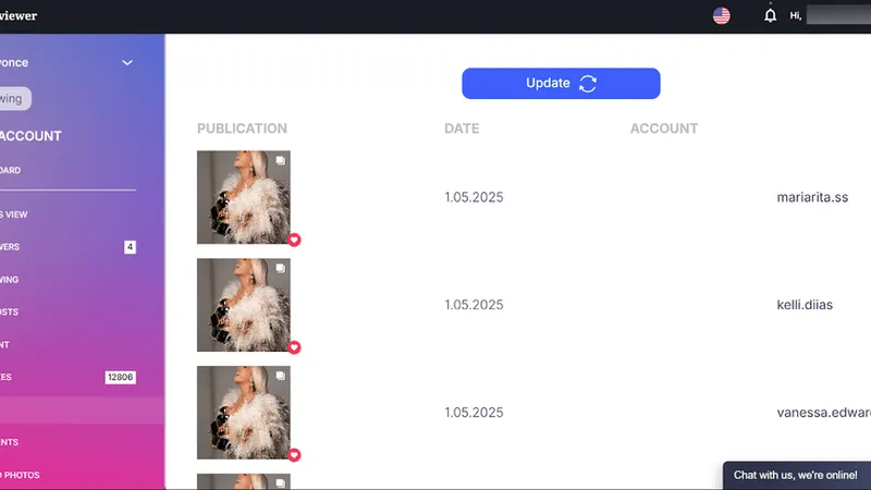 Screenshot of the Peekviewer dashboard showing Instagram account insights, including likes, followers and comments
